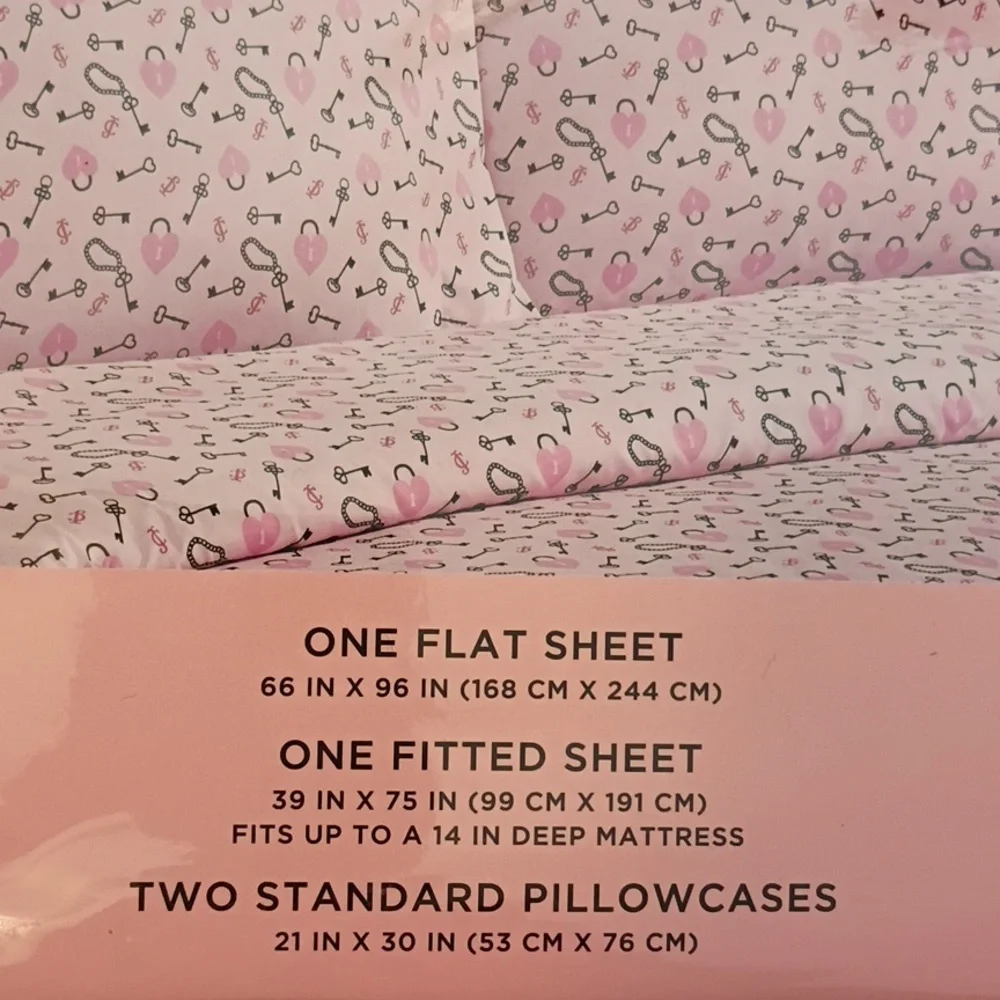Juicy Couture Pink Heart Lock Key Twin Sheet Set
